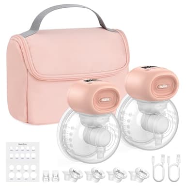 Nuliie Tire Lait Electrique Main Libre avec Sac de Rangement Portable, 4 Modes et 12 Niveaux, Tire Lait Electrique Allaitement avec Bride de 14/17/20/24/27 mm (2 Paquets, Rose)