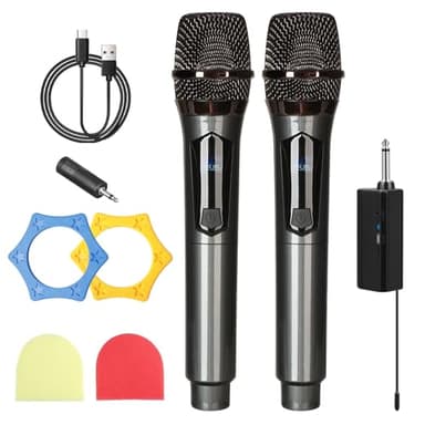 Microphone Sans Fil,2 Pièces Double Portable Micros Dynamiques Avec Récepteur Rechargeable,Microphones A Main Sans Fil,Micro Dynamique A Main Double Pour,Fête,Réunion,Karaoké