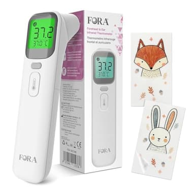 FORA Thermomètre Auriculaire et Frontal pour Bébé, Enfant et Adulte – Multi-Fonction Digital avec Indicateur de Fièvre, Mode Silencieux, Mémoire, Affichage 4 Couleurs – Compact et Hygiénique