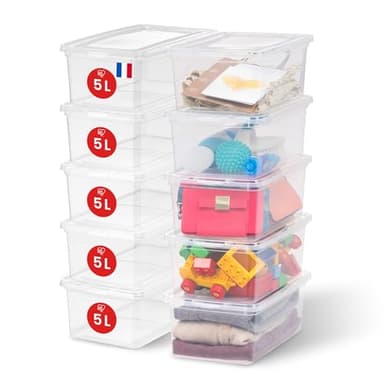 Iris Ohyama, Petite Boite de Rangement Multi-Usages, 5L, Lot de 10, Transparent, Fermeture Facile, Empilable, en Plastique Transparent, pour Vêtement,Etagères, Jouet, Papeterie, Chaussures, CNL-5
