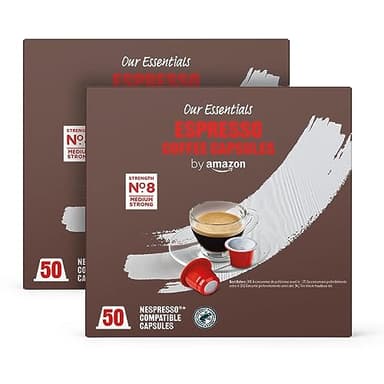 by Amazon Capsules de Café Espresso en Plastique Compatibles Nespresso, Torréfaction Moyenne, 100 Unités (2 Paquets de 50) – Certifiées Rainforest Alliance