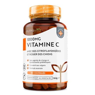 Vitamine C 1000mg - Cure de 6 Mois, 180 Comprimés Vegan - Contribue à réduire la Fatigue, au Fonctionnement Normal du Système Immunitaire et à la Formation de Collagene - Vitamin C - Nutravita