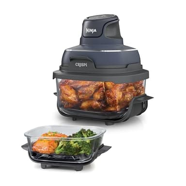 Ninja CRISPi Friteuse sans huile portable, 3,8L, 4-en-1 : Frire sans huile, Rôtir, Garder au chaud, Recroustiller, Design compact, 2 récipients avec couvercles, 1 700 W, Gris FN101EUGY