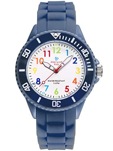 Alienwork Kids Montre Pédagogique Apprendre l'Heure Enfants Garçon Fille Bleu Marin Bracelet en Silicone Multicolore Enfants Résistant à l'eau 5 ATM Temps d'apprentissage