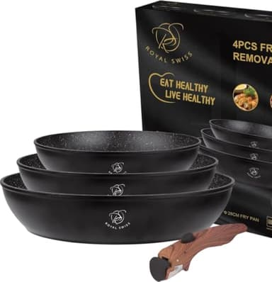 Royal swiss® Lot de Poêles, 4 Pièces, Poignée Amovible, Revêtement en Marbre, Induction, Sans PFAS, Pour toutes les sources de chaleur Noir (Noir, 4)
