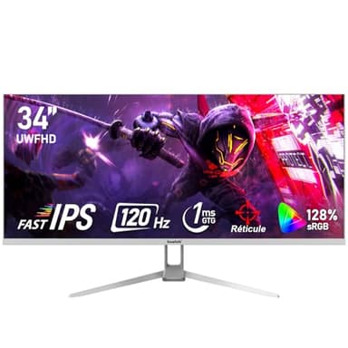 Gawfolk Écran PC IPS Ultra-Large de 34 Pouces，Moniteurs de Jeu 120Hz, 21:9 UWFHD (2560x1080), 128% sRGB, Synchronisation adaptative, Angle de Vision de 178°, DisplayPort, HDMI, VESA 75 * 75MM- Blanc