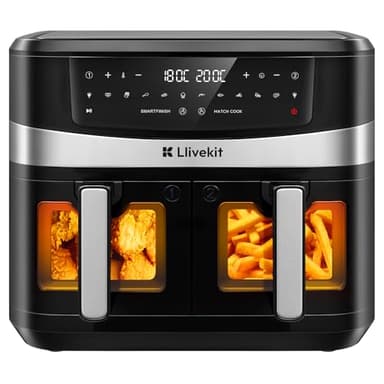 LLIVEKIT Air Fryer 10L avec 2 Cavités, Friteuse sans Huile 12 en 1 avec Rôtissoire, Grille, Brochettes, 95% d'huile en Moins, Smart Finish et Match Cook, Préchauffage et Déshydratation, 2800W
