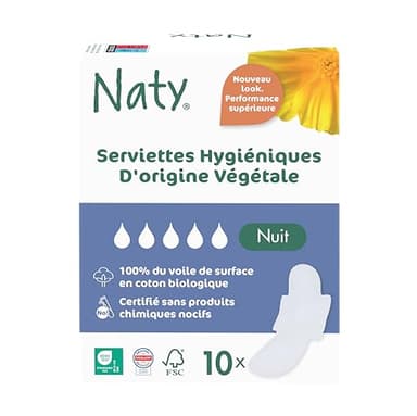 Naty Serviettes hygiéniques Night avec ailettes | Voile supérieur 100% en coton bio certifié| Sûres pour la peau | Sans parfum ni plastique conventionnel | Protections absorbantes Nuit | 10 serviettes
