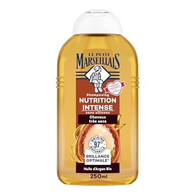 Le Petit Marseillais , Shampooing Nutrition Intense Huile d'Argan Bio (flacon de 250 ml) – Shampoing sans silicone pour cheveux très secs – 97 % d'ingrédients d'origine naturelle
