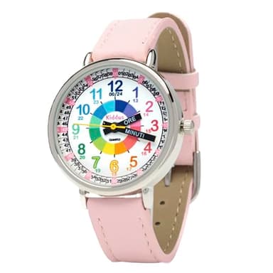 Kiddus Montre Bracelet Éducative pour Enfants, Fille, garçon. Time Teacher Analogique avec Exercices. Facile d’Apprendre à Lire l’Heure. Conçu à Barcelona. Italiano. Pelle PU Rosa