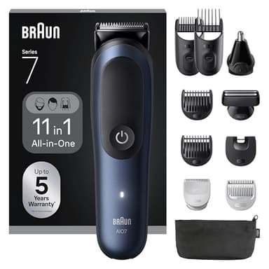 Braun Tondeuse Tout-En-Un Series 7, Kit 11-En-1, Lame ProBlade, Technologie AutoSense, 120 Min D'autonomie, Protection SkinGuard, Barbe En Dégradé, Manche AquaGrip Pratique Sous L'eau, AIO7540, Bleu