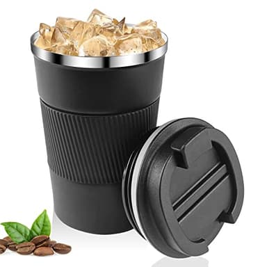 Relota Mug Isotherme Cafe 380ml Noir, Isotherme Réutilisable Acier Inoxydable 304 Tasse de Voiture avec Couvercle, Café Étanche de Voyage pour Café Chaud et Froid, Lait et Thé