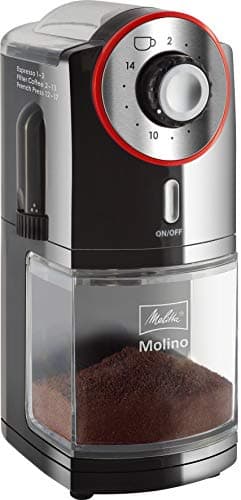 Melitta Moulin à café Molino Noire/Rouge, Broyeur à grains électrique avec Disque de meulage plat, Mouture Réglable, capacité 14 tasses, modèle 1019-01