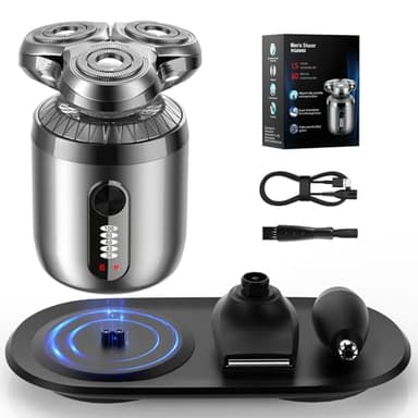 iWarmbase Mini Rasoir Électrique pour Homme - tondeuse barbe homme 3D - Rasoir à Têtes Rotatives/tondeuse nez - Rasage Sec & Humide avec Base de Recharge et 3 Embouts de Précision.