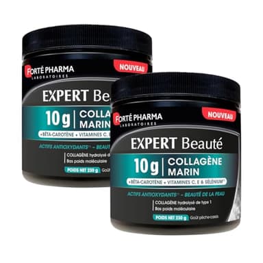 Forté Pharma - Expert Beauté Collagène Marin 10g - Beauté de la Peau & Antioxydant - Peptides de collagène marin type 1 - Vitamines C E, Sélénium, Bêta-carotène - Lot de 2-1 cuill./jour, 40 jours