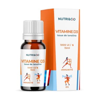 NUTRI & CO Vitamine D3 issue de Lanoline - 1000 U.I par Goutte - 2000 UI/j - Flacon 15ml - Santé des Os & Immunité - pour Adultes et Enfants - Fabriqué en France