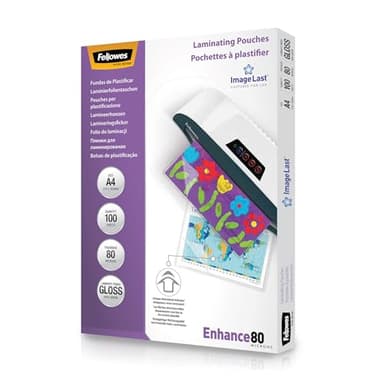 Fellowes Pochette De Plastification A4 80 microns - Pack de 100 Feuilles Plastifieuse - Technologie ImageLast - Finition Brillante Aspect Haute Qualité Pour Photos Et Affiches - Enhance 80