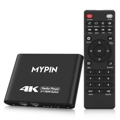 Lecteur multimédia 4K avec Fonction de commutateur HDMI 2 en 1, Commutateur/Répartiteur HDMI 2 Ports, Commutation Automatique avec télécommande, prenant en Charge en Boucle/Reprise de Lecture
