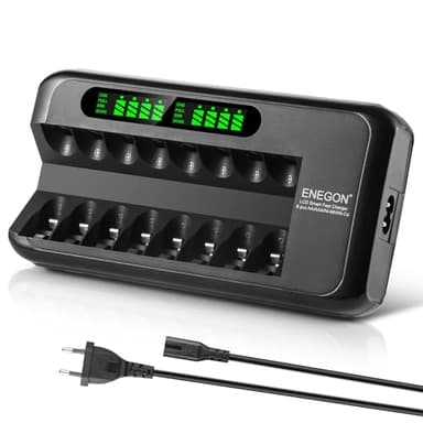 ENEGON Chargeur de Piles Rechargeables AA AAA avec Écran LCD – 8 Slots Indépendants – Chargeur Rapide Intelligent Ni-MH/Ni-CD avec Protection – Adaptateur Secteur 100-240V