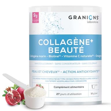 COLLAGENE +BEAUTE GRANIONS - Collagene Marin Poudre - Collagene et Acide Hyaluronique - Collagene Marin + Vitamine C + Biotine + Onagre - Beauté Peau et Cheveux - Saveur Grenade- Collagene Poudre 275g
