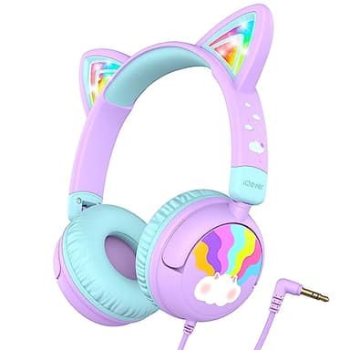 iClever Casque Audio Enfant, d'oreilles de Chat avec Éclairage LED, Volume Limité 85dba, Son Stéréo, Casque d'Écoute pour Enfants Pliable avec Fil 3.5 mm, pour ipad, Tablettes, Voyages, l'École
