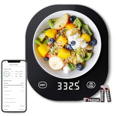 arboleaf Balance de cuisine numérique, noire, 10 kg/0,5 g, avec application, Bluetooth, avec analyse nutritionnelle et fonction tare en verre trempé de 3 mm, affichage LED Avec piles incluses