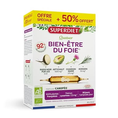 SUPERDIET - QUATUOR BIEN-ÊTRE DU FOIE BIO - Radis noir, Artichaut, Chardon Marie, Romarin - Fabrication française - Format économique - 30 ampoules