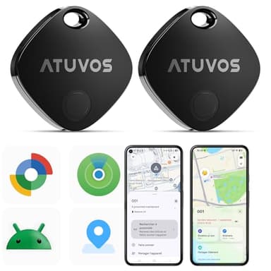 ATUVOS Air Tag Traceur Lot de 2 Android Smart Tag Tracker, Fonctionne avec l’app Google et Apple Localiser, Localisateurs D'Objets Bluetooth pour Les Clés/Portefeuilles/Valises/Sacs, IP67 Imperméable