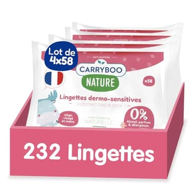 CARRYBOO - Lingettes Dermo-Sensitives - Lingette Bébé Sans Parfum - Nettoyantes Sans Allergènes - Soin Bébé Apaisant pour Peaux Sensibles - 4x58