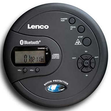 Lenco CD-300 - Lecteur CD Portable Walkman - Bluetooth - Fonction MP3 - Antichoc - 2 Batteries 2000 mAh - Casque - Câble de Charge Micro USB - Noir
