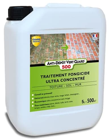 Guard Industrie - Anti Dépôt Vert Guard 500 - Fongicide Invisible, Ultra Concentré, Anti Champignon, Lichen, Algue - Tous Matériaux - Fabrication Française - Bidon - 5 L - Traite 500 m2
