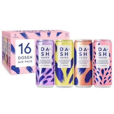 DASH Water Mix Pack – 16x Eaux pétillantes aromatisées (4X Pêche 4X Citron vert 4X Framboise 4X Pamplemousse) SANS Sucre, SANS Édulcorant, SANS calories – Infusées avec des Fruits rejetés (16x330ml)