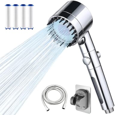 LENDOO Pommeau de Douche Haute Pression, Pommeau de Douche Anti Calcaire avec Tuyau Douche 1.5m et Support de Douche avec 4 Modes de Jets, 5pcs Remplaçable Filtre,Bouton D'arrêt Instantané (Argent)