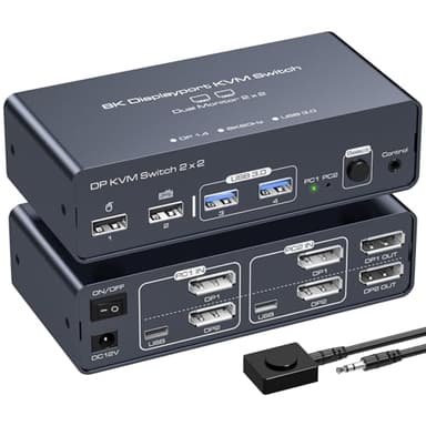 VEDINDUST 8K60Hz DisplayPort KVM Switch Dual Monitor 4K120HZ KVM Switch Displayport 1.4 Pour 2 Ordinateurs Partageant 2 Moniteurs et 4 Périphériques USB avec Contrôle du Bureau - Aluminium