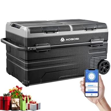 AAOBOSI 115 L Glaciere Electrique,Glaciere a Compression -20 ℃ à 20 ℃, 12 V/24 V et 100-240 V Frigo Portable pour Voiture, Camion, Bateau, Camping-Car, Double Zone, Deux Températures, Deux Portes