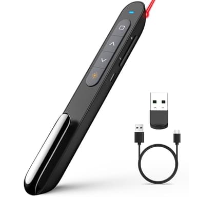 Norwii Télécommande de Présentation Rechargeable pour PowerPoint, Présentateur sans Fil avec Pointeur, Portée 100m pour Enseignants et Conférenciers, Compatible macOS (Rouge - Accu - USB-A)