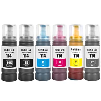 SHUOLEI 114 Encre Compatible avec Epson 114 Bouteille d'encre Multipack pour EP ET-8500 ET-8550 (6-Pack, Noir/Photo Noir/Cyan/Magenta/Jaune/Gris)
