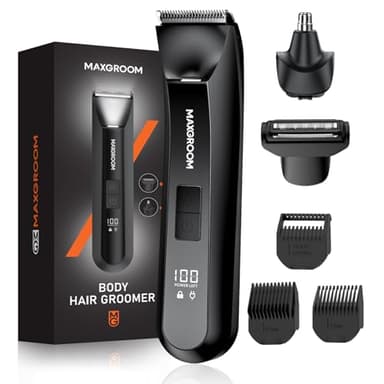 MAXGROOM Tondeuse Corps, Tondeuse Corps Intime Homme,3 En 1 Tondeuse pour Barbe,Cheveux et Corps,Polis du Nez,Rasoir Homme Multifonctionnel IPX7 Étanche,120mins Autonomi