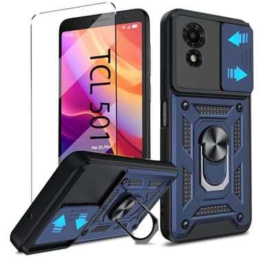 Coque 2 en 1 pour TCL 501 en verre trempé avec glissière pour appareil photo, protection d'écran, coque de protection de qualité militaire, support de téléphone, bleu