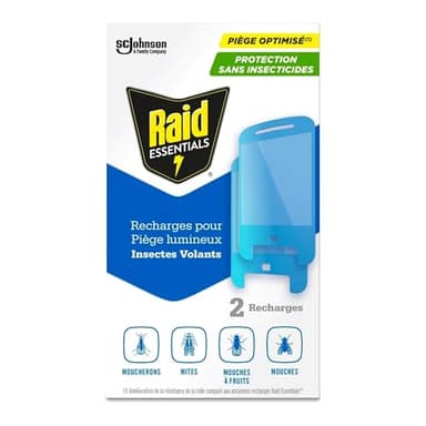 Raid Essentials Recharges Piège Lumineux Anti-mouches, moucherons et mites – Protection 24h/24 – Sans insecticides, utilisable en présence d’enfants et d’animaux – Usage intérieur – 2 recharges