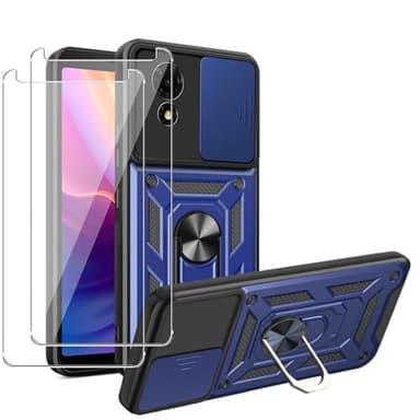 MEMELOKA Coque pour TCL 501 avec 2 Pièces Verre Trempé, Housse de Protection Militaire Anti-Rayures + Support Métallique Rotatif à 360°, Antichoc Coque avec Lentille Coulissante Couverture, Bleu