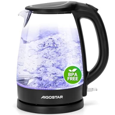 Aigostar Adam 30GOM - Bouilloire électrique en cristal avec illumination LED, capacité de 1,7 litres, puissance de 2200W, sans BPA et système de protection contre l'ébullition à sec. Design exclusif.