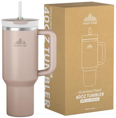 Mont-Clair Tumbler 40oz - Étanche Mug Isotherme avec Paille Couvercle Poignée - Gourde boissons chaudes et froides - Froid pendant 10 heures - Glacé pendant 48 heures - 1200ml - Amande