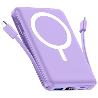 Vexnara Batterie Externe iPhone Magnétique, Compatible avec MagSafe 10000mAh sans Fil Power Bank Charge Rapide avec 2 Câbles Intégrés Affichage LED Compatible iPhone 17/16/15/14/13/Pro/Pro Max-Violet