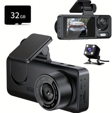 Dashcam Voiture 3 Caméras Canaux WiFi – Enregistrement Avant/Arrière/Intérieur, 1080P Full HD, Vision Nocturne, Mode Parking 24h/24, Enregistrement en Boucle, Carte SD 32 Go Incluse