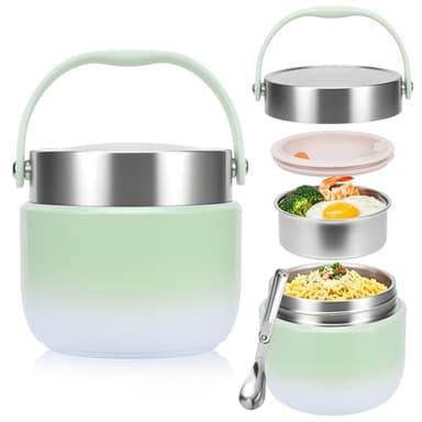 HOMIKLSA Boîte Repas Isotherme 1200ml avec Cuillère, Récipient Alimentaire Anti-Fuites avec Couvercle, pour Soupes/Compotes (Adulte & Enfant) Sans BPA（vert）
