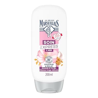 Le Petit Marseillais | Soin Express 1 Min Douceur & Éclat Amande & Lin Bio (flacon de 200 ml) – Après-shampooing pour cheveux longs et délicats – 95% d'ingrédients d'origine naturelle