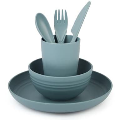 Belle Vous Kit Vaisselle Camping - Set Pique Nique 4 Pièces Plastique Reutilisable avec Assiette, Bol, Tasse et Couverts - Compatible Micro-Ondes et Lave-Vaisselle