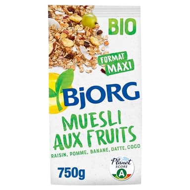 BJORG - Muesli Bio Aux Fruits - Raisin, Pomme, Banane, Datte, Coco - Aux Céréales Complètes - Sachet 750 g
