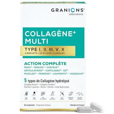 MULTI Collagene - 5 Types de Collagène - GRANIONS Collagène N°1 en Pharmacies - Collagene Marin - Collagene Marin + Vitamine C - Biotine - 20 études Cliniques - 60 comprimés - 1 mois